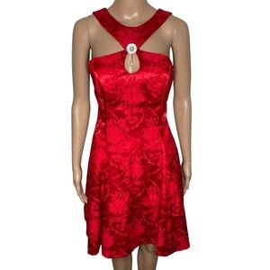 Vintage LA Glo Red V-Neck Cut Out Pleated Mini Cocktail Dress w/ Brooch Detail